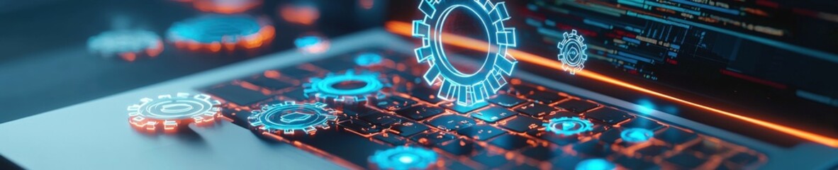 Poster - Illustration of glowing tool icons surrounding a laptop in a tech workspace