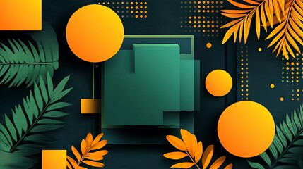 Wall Mural - Tropical leaves, geometric shapes, dark background, summer design