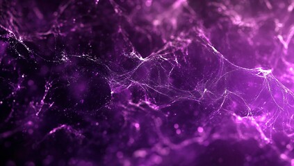 Poster - Purple Abstract Network: Glowing Lines, Points, and Particles Flow Dynamically in 3D Space with Depth of Field.