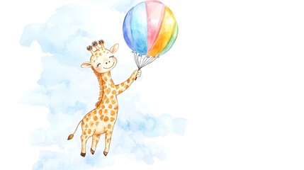 Wall Mural - Watercolor illustration of a giraffe flying with a colorful balloon