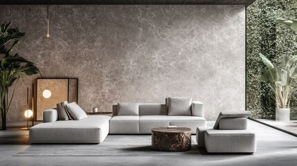 Sticker - A modern living room featuring Dust Sunlight walls, gray sofas, and warm lighting.