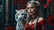 © MRizqi - Elegant Woman in Red Gown with a White Tiger Surrounded by Roses
