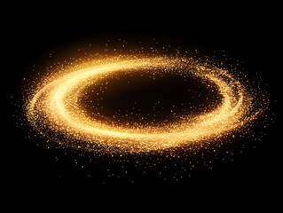 Poster - Golden light ring with sparkling particles on black background creating magical atmosphere
