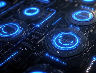 Poster - Futuristic Technology:  Glowing Circuits and Panels Displaying Data with Neon Blue Lights in a Dark Setting.