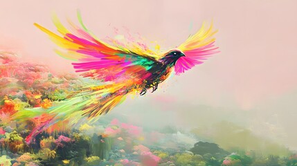 Wall Mural - Colorful bird soars above a vibrant landscape artwork