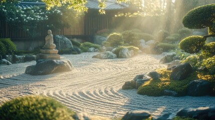 Wall Mural - A tranquil Zen garden with Dust Sunlight walls and natural stone elements.