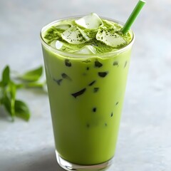 Poster - Refreshing Green Drink with Ice Cubes and Straw on Marble Surface in a Glass Cup