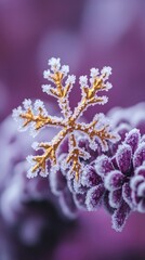 Poster - Golden Snowflake Adorned with Ice Crystals Resting on a Frosty Purple Flower