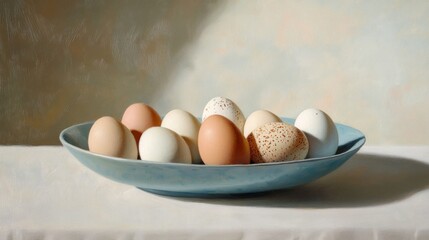 Sticker - 106.A casual, natural arrangement of two duck eggs and eight chicken eggs in a blue bowl, set on a light surface, with soft shadows enhancing the contrast between the eggs' sizes.