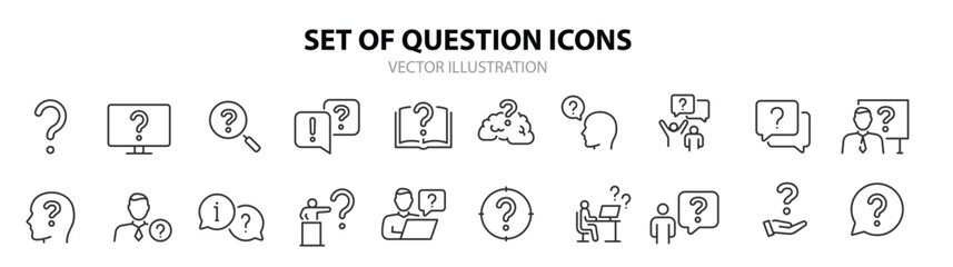 question web icons in line style. question mark, insecure person, confused, quiz question, collectio