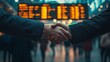© LuvTK - A handshake near an airport departure board, flight information clearly visible in the background, diverse travelers creating a bustling atmosphere, soft natural light highlighting the hands,