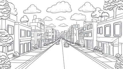 Wall Mural - City street scene, cars driving, buildings, clouds, coloring page