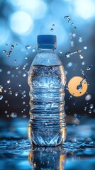 Poster - Refreshing Water Bottle with Splashing Drops Against a Bokeh Background in Blue Tones
