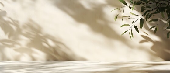 Poster - Minimalist Interior with Plant Shadow on Beige Wall and Marble Floor for Product Display