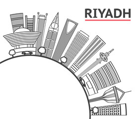 Wall Mural - Outline Riyadh Saudi Arabia City Skyline with Modern Buildings and copy space Isolated on White. Riyadh Cityscape with Landmarks.