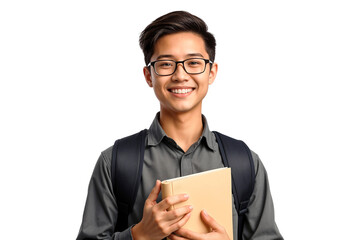 Wall Mural - Portrait of a smiling young male college student in glasses with book, isolated on transparent background