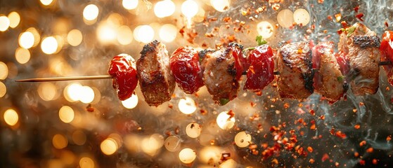 Wall Mural - Close-Up of Grilled Skewers with Juicy Meat and Colorful Vegetables Against a Bokeh Background