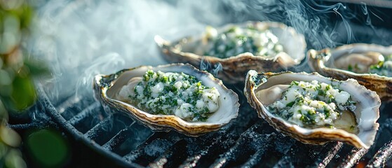 Wall Mural - Fresh Oysters Grilling on Barbecue with Herbs and Spices on a Smoky Grill