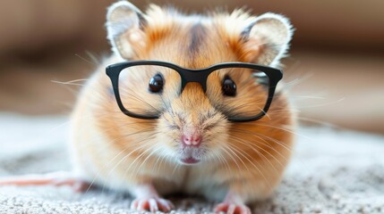 Wall Mural - A cute hamster wearing glasses, sitting on a soft surface, with a cozy background suggesting a home environment