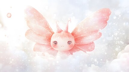 Wall Mural - Cute whimsical fairy character with pink wings in cloudy sky