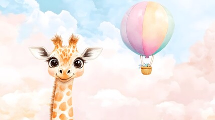 Wall Mural - Adorable giraffe peers out next to a pastel hot air balloon