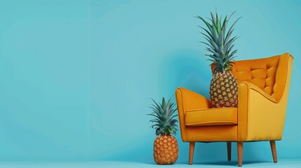 Canvas Print - A vibrant orange armchair with two pineapples, set against a bright blue background, ideal for tropical-themed decor