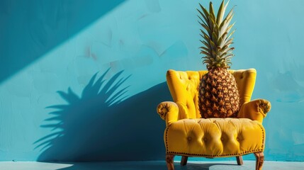 Canvas Print - A vibrant yellow armchair with a pineapple on top, set against a bright blue wall, creating a playful interior scene