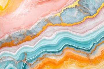 Poster - Abstract Fluid Art with Golden Veins in Pastel Pink Teal and Orange Tones