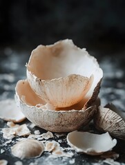 Poster - Delicate Coconut Shell Fragments in a Still Life Arrangement on a Dark Textured Surface