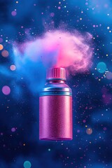 Poster - Pink Glitter Bottle with Colorful Powder Explosion Against a Dark Blue Bokeh Background