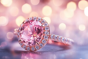 Poster - Exquisite Rose Gold Ring with Pink Gemstone and Diamond Halo on Soft Bokeh Background