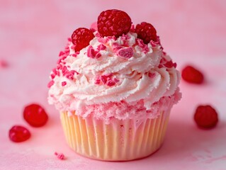 Poster - Delicious Raspberry Cupcake with Pink Frosting and Sprinkles on a Pink Textured Background