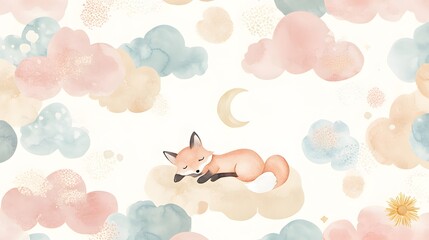 Wall Mural - An adorable fox sleeps peacefully on a fluffy cloud