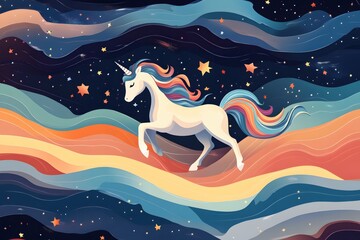 Poster - Dreamy Unicorn Galloping Across Colorful Cosmic Waves Under a Starry Night Sky Illustration
