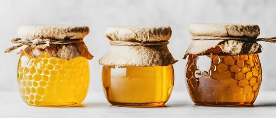 Poster - Three Jars of Golden Honey with Rustic Covers Displayed on a White Surface in Soft Light