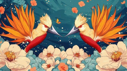 Poster - Two vibrant birds with fiery plumage amidst floral elements in a colorful background.