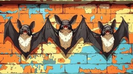 Poster - Three cartoon bats hanging against a colorful, peeling wall.