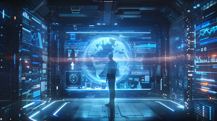 Poster - Futuristic digital landscape with a person observing a holographic globe