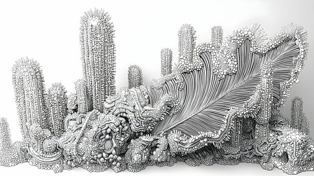 Abstract 3D rendered landscape of fantastical organic structures, resembling futuristic city or alien flora, against a white background; ideal for science fiction or fantasy art