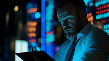 Poster - Serious Businessman Working Late Night Digital Tablet Blue Light job data dark office screen modern 