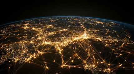 Poster - Global Network Connections Digital Earth Golden Lights Map Data World Lines Space Night Future      