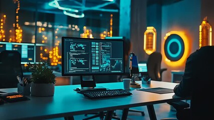 Nighttime view of a programmer's desk with glowing monitors and code.