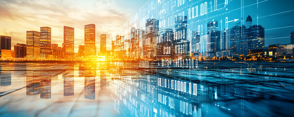 Poster - Urban skyline at sunset with reflections and digital overlay of city data