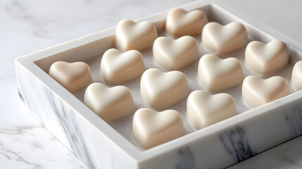 Wall Mural - White chocolate hearts in a minimalist marble-patterned box