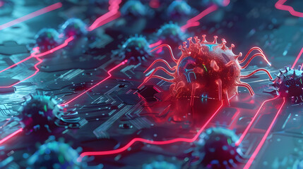 Poster - futuristic digital landscape depicting a virus interacting with circuitry