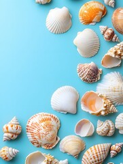 Poster - Seashell Collection on Light Blue Background Summer Beach Vacation Concept