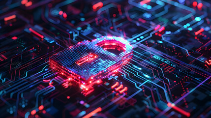 Poster - Digital representation of a secure lock on a vibrant circuit board background