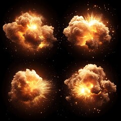 Poster - Four Explosions with Glowing Sparks and Smoke Against Black Background for Special Effects