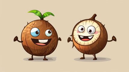 Wall Mural - Two cheerful cartoon characters resembling fruits, smiling and interacting on a light beige background