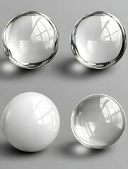Poster - Four Spheres Displaying Light and Shadow in a Minimalist Composition on a Gray Surface